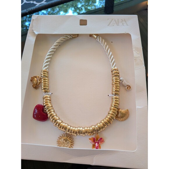 ZARA Necklace Women's Seashore Charms Golden Enamel Cream Cord Statement Coastal - Picture 8 of 15